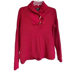 Lauren Ralph Lauren Red Ribbed Cotton Shawl Collar Toggle Pullover Knit Top M